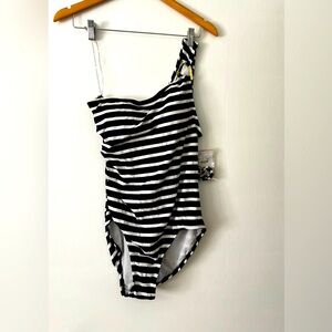 Michael Kors One Shoulder Navy and White Striped One Piece Off Shoulder Swimsuit